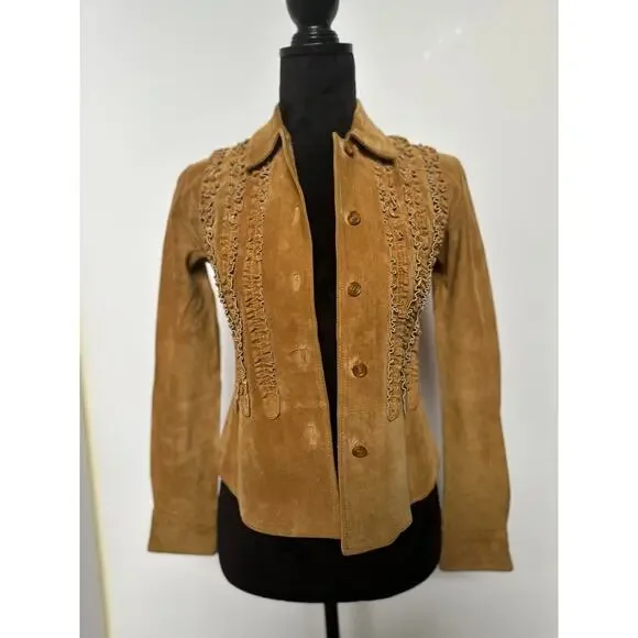 Margaret Godfrey Vintage Suede Jacket M Boho Western Ruffle Button Down Camel - Picture 1 of 12
